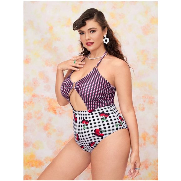 SEXY PLUS GINGHAM RETRO PINUP CHERRY PRINT HALTER CUT OUT 1 PC SWIMSUIT - Picture 3 of 4
